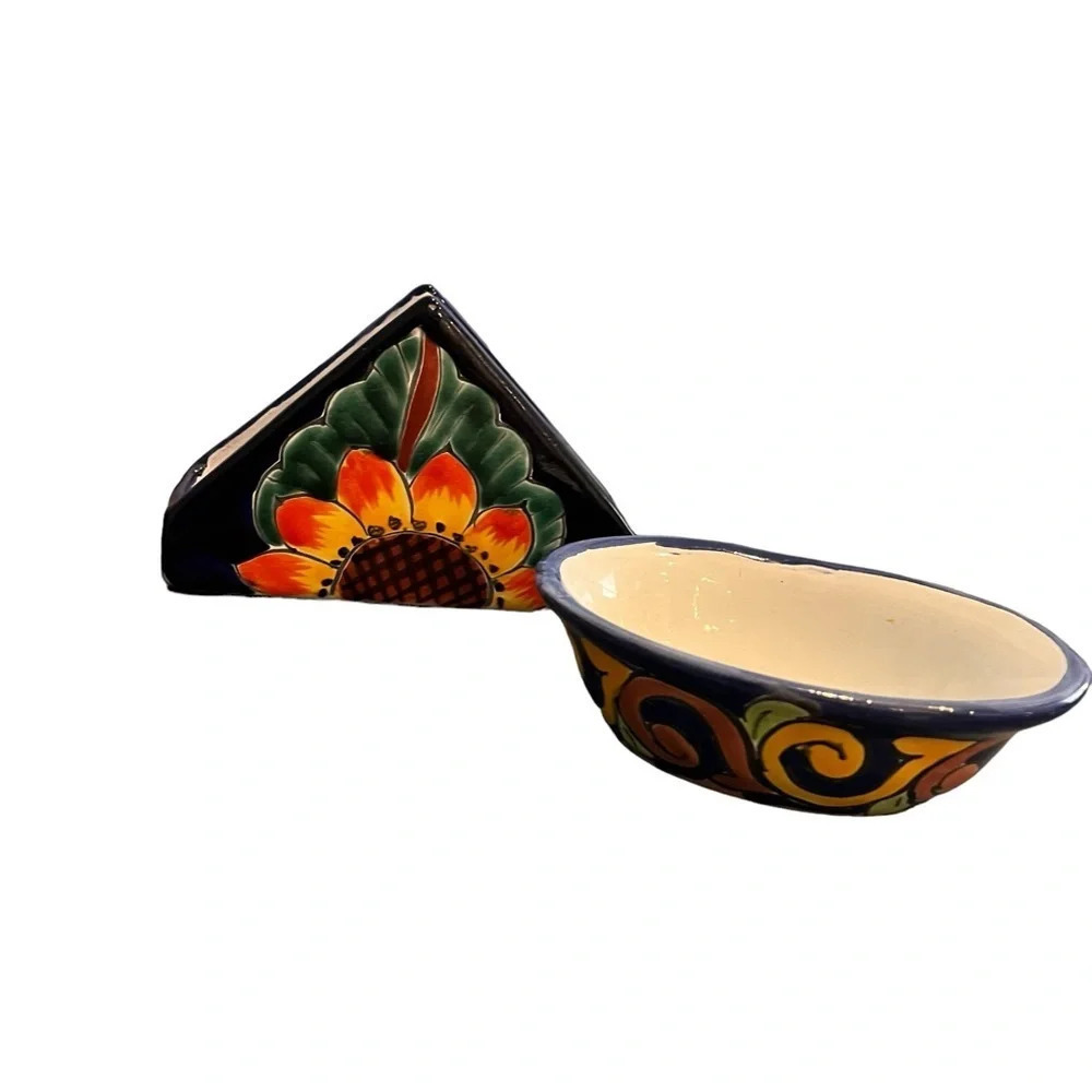 Talavera Napkin Holder and Condiment Bowl Hand Painted Mexico Sunflower